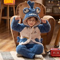 Childrens pajamas winter thickened three-layer cotton plus velvet warm boy boy