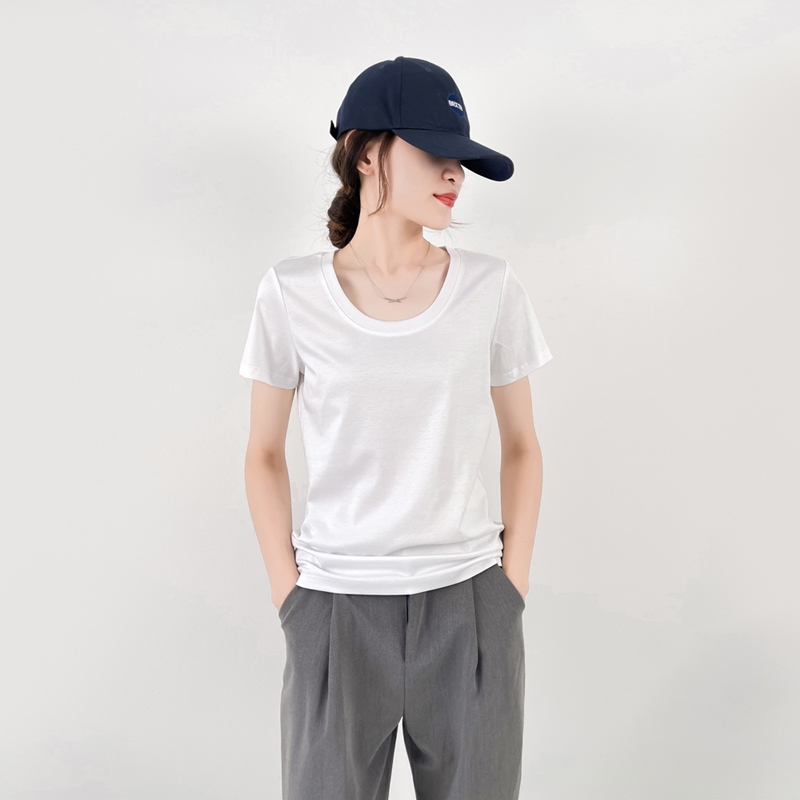 High-End Mulberry Silk Mercerized Cotton Exposed Collarbone Large U-Neck T-Shirt for Women, Short-Sleeved White Round-Neck Half-Sleeve Base Shirt Top
