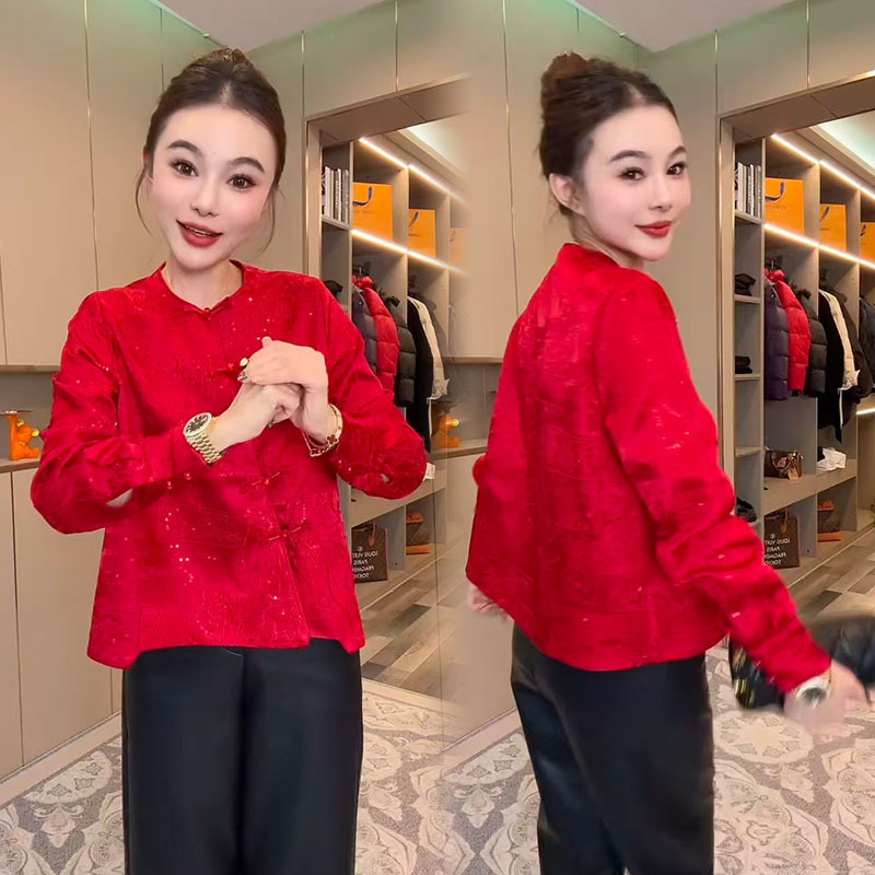 Red Embroidered Sequin Button-Up Cardigan Top for the Zodiac Year 2026, Spring National Trend Style Long-Sleeve Loose Shirt for the Zodiac Year