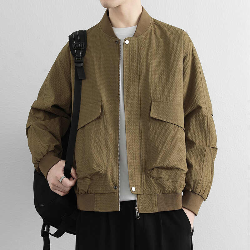 Korean Style Work Jacket for Men, Spring and Autumn 2026 New Style, Loose Fit, High-End Feel, Thin Bubble Gauze Baseball Collar Jacket