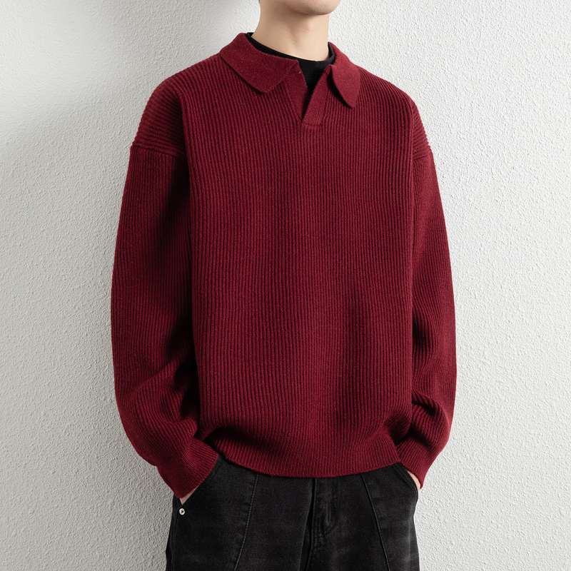 Retro Burgundy Lapel Knitwear for Men, New Style for Autumn and Winter, Lazy and Casual Polo Collar Knitwear, Inner Layering Shirt