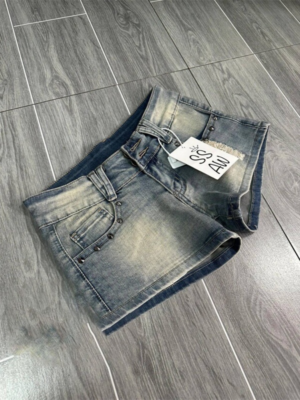 Retro Sweet and Spicy Punk Rock Denim Shorts for Women, Summer American Style Slim Fit Hip-Hugging Slimming Hot Pants for Hot Girls with Low Waist