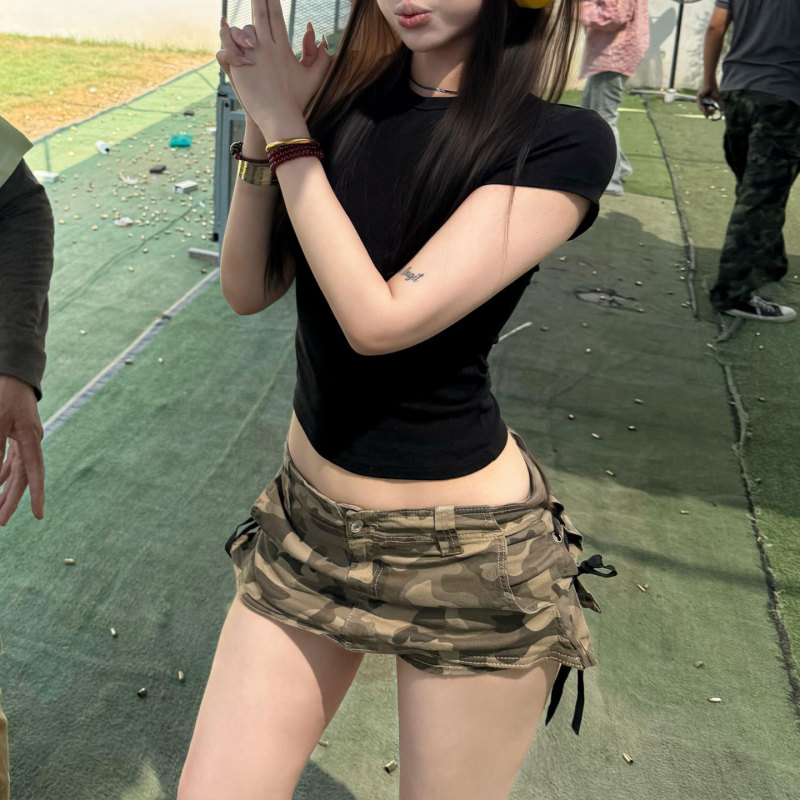 Hot Girl Y2K Workwear Low-Waist Camouflage Denim Skirt for Women, Summer Anti-Exposure Side-Tie Hip-Hugging Short Skirt Pants