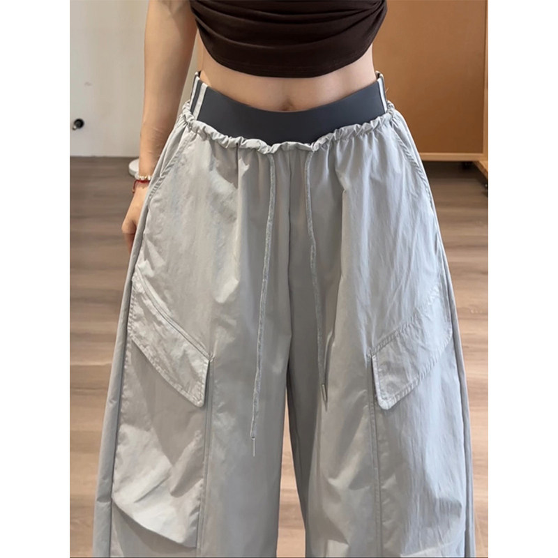 Huang Jiji Color-Blocked Patchwork Work Pants for Women 2026 Summer New Quick-Dry Sports Pants Loose Casual Wide-Leg Pants