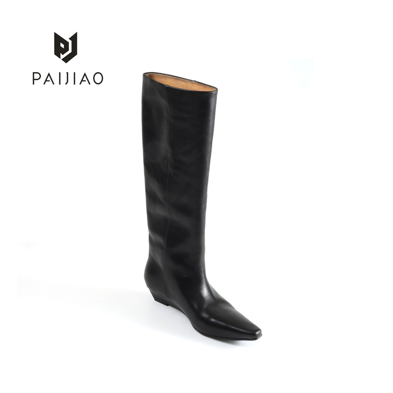 Fashion Boots, Cowhide Thick-Leg Boots, Autumn and Winter Women's Boots, Black Thick-Heeled Women's Shoes, Versatile and Fashionable High Boots Xc1114-1