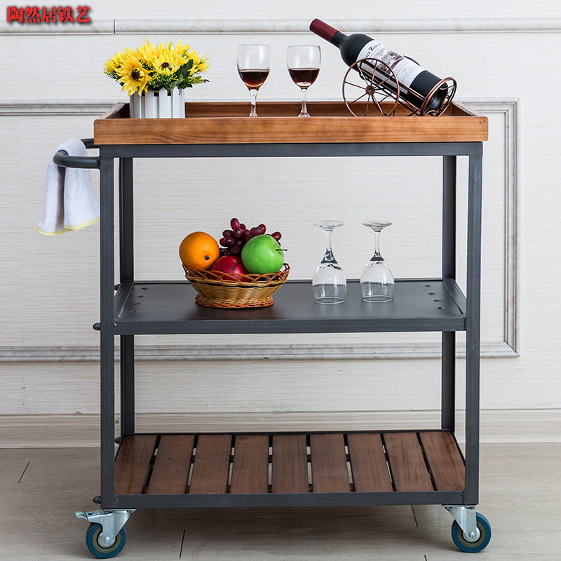 Iron dining cart retro mobile cart side cabinet bar KTV wine cart fruit cart dining cart multi-function