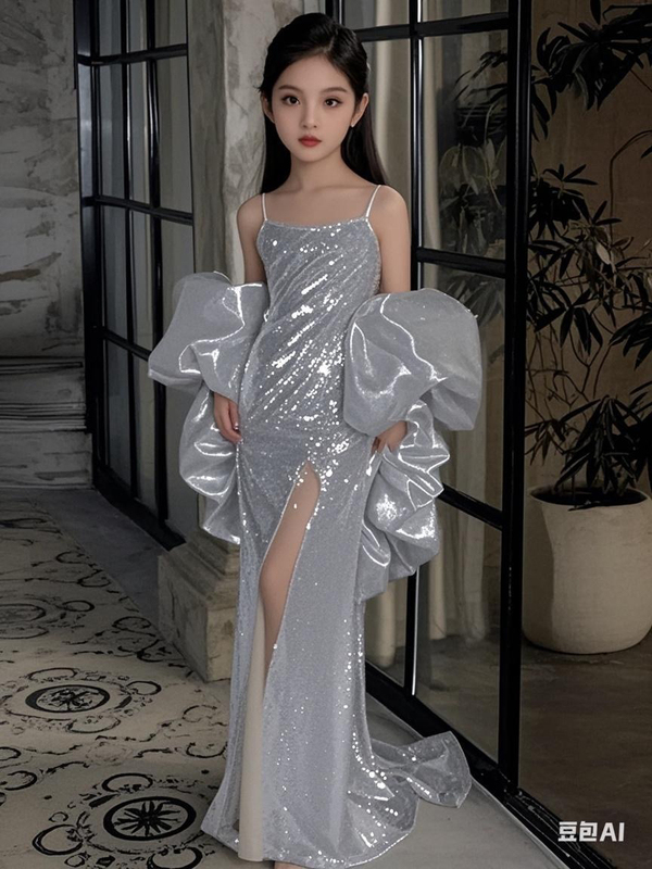 2026 New Style Girls' Long Slim-Fit Silver Sequin Evening Dress, Fashionable and Stylish Children's Stage Performance Costume
