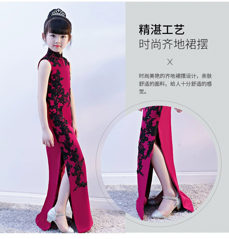 Cô gái mới mặc váy sườn xám mỏng kiểu Trung Quốc ren catwalk trang phục trẻ em thời trang cổ áo màu đỏ hồng - Váy trẻ em