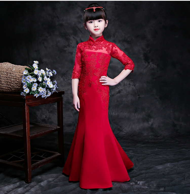 Váy ren đỏ trẻ em sườn xám cải tiến váy sinh nhật cho bé gái váy đuôi cá thon dài khoe dáng mới 2019 - Váy trẻ em bộ quần áo vest cho bé trai