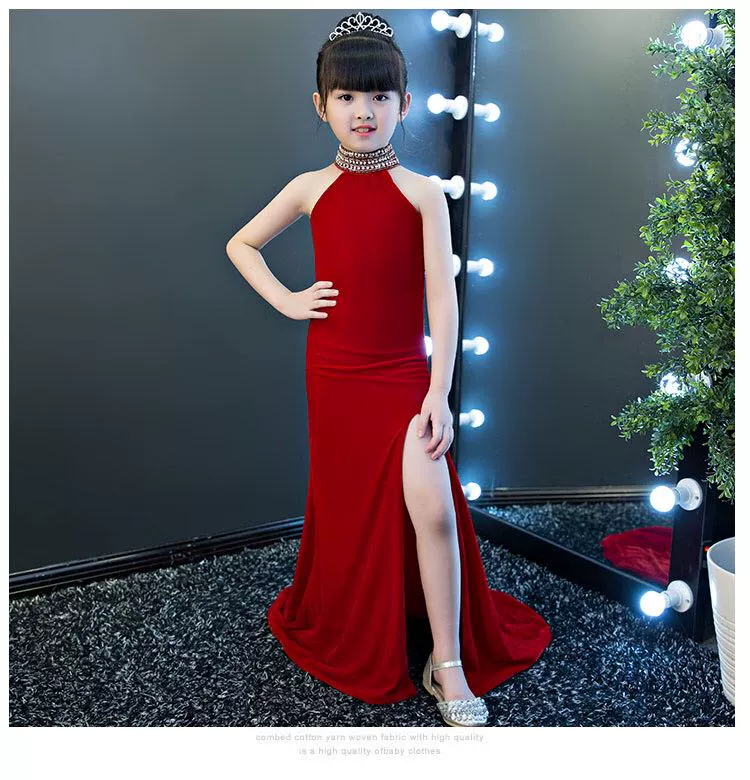 2018 mới nhung đỏ mỏng dài nữ trẻ em ăn mặc thời trang mở lại hiệu suất bảng đàn piano hiệu suất trang phục dự tiệc cho bé