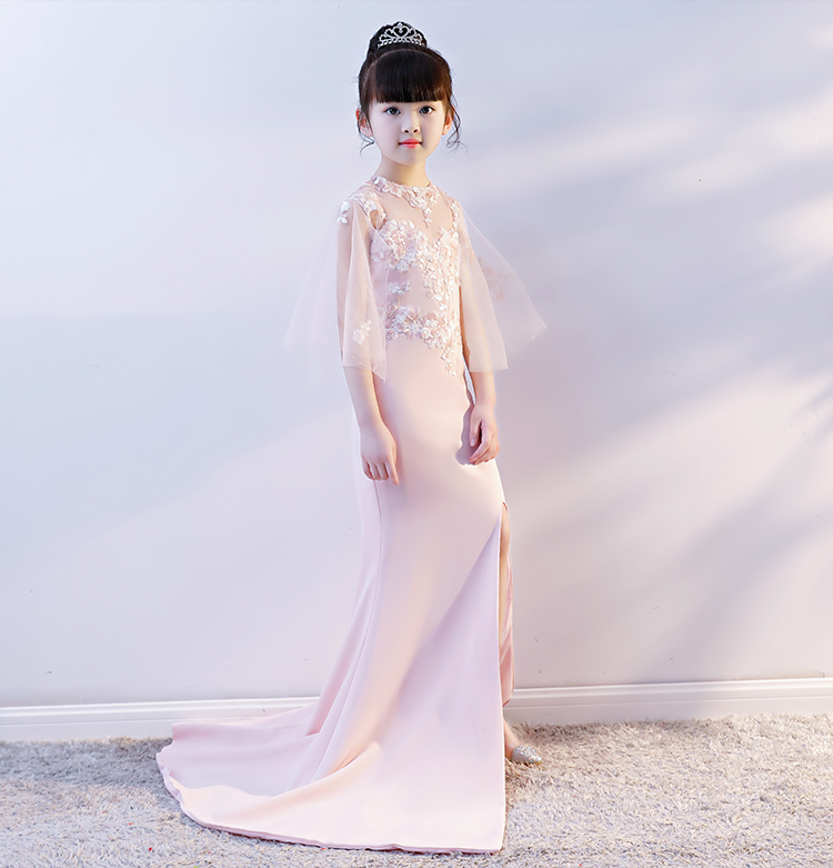 2018 mới màu hồng ren cô gái dài ăn mặc mỏng khí trẻ em quần áo đàn piano thời trang chia đuôi cá váy dự tiệc trẻ em cao cấp