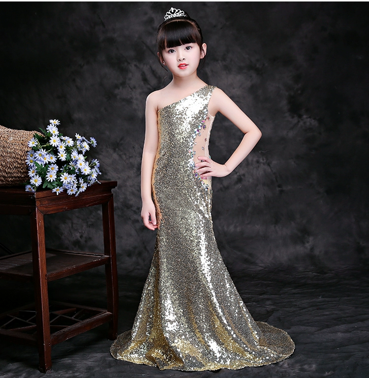 Trẻ em ăn mặc một- vai sequins đuôi cá váy con lắc mô hình sân khấu lưu trữ trang phục sàn diễn thời trang phù hợp với vàng mới