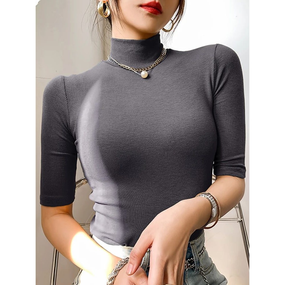 Basic T Shirt Frauen Turtleneck Slim Tshirt Short Sleeve T-s