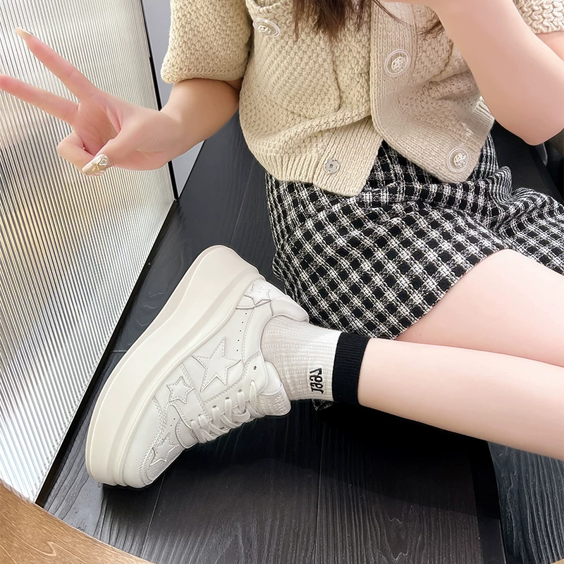 2023 new star white shoes for women Korean height-increasing platform thick-soled shoes spring and autumn genuine leather casual versatile sneakers