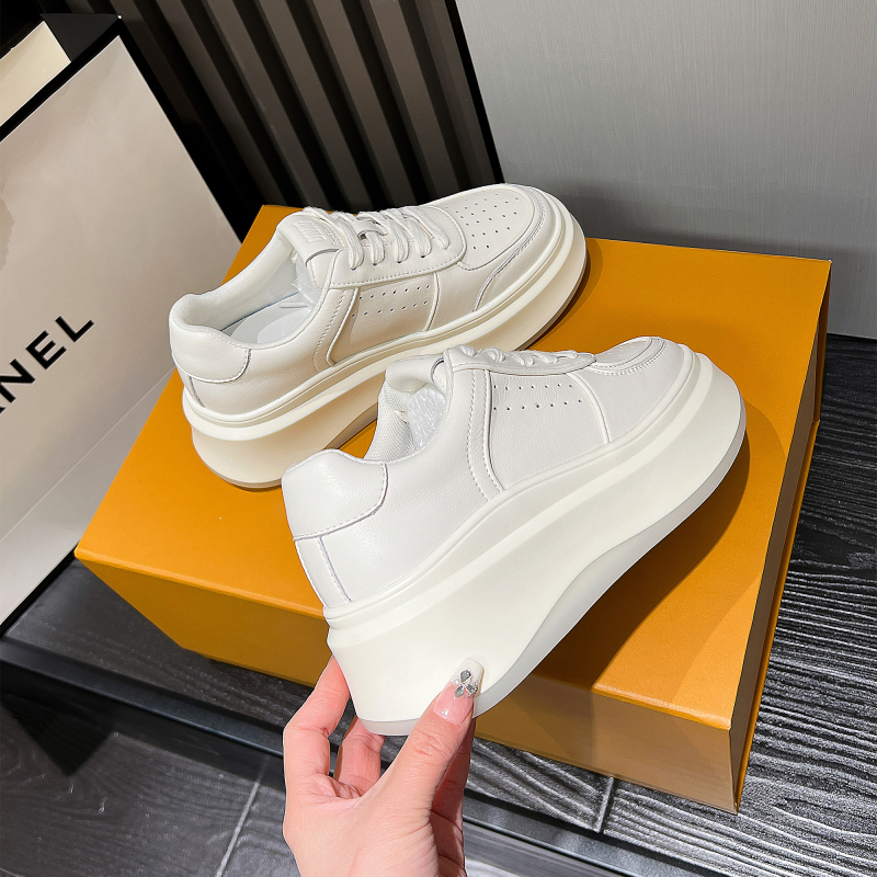 Cowhide White Sneakers for Women, Thick-Soled Platform with Hidden Height Increase, Versatile White 2026 Spring and Autumn Sports Casual Shoes, Genuine Leather