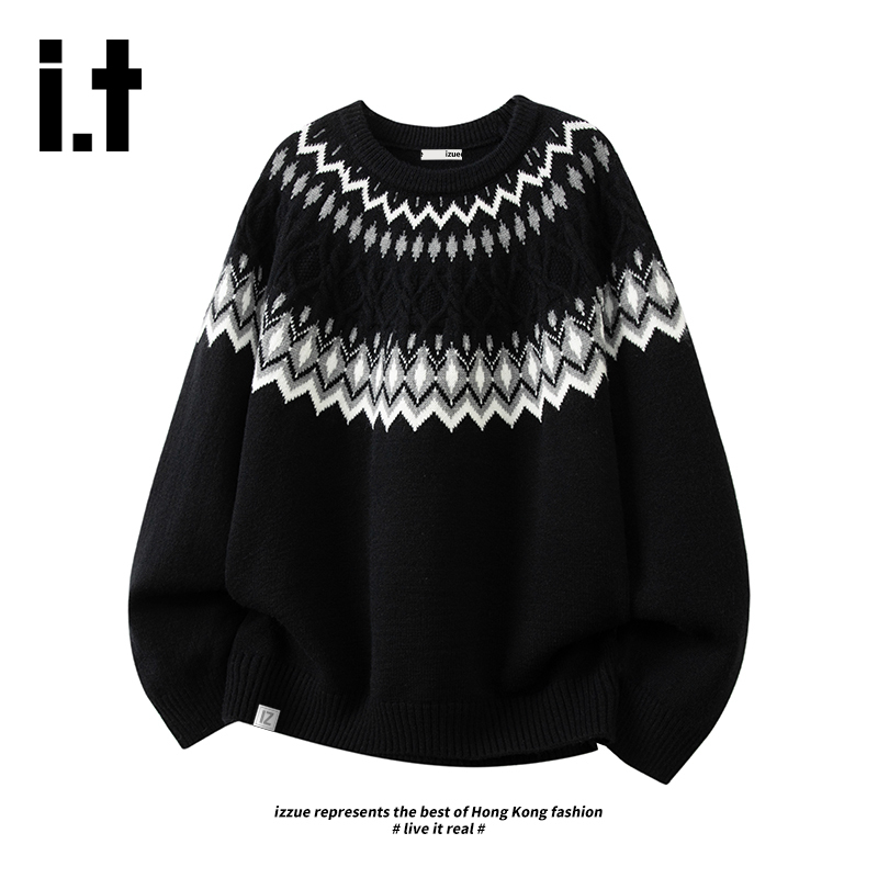 It Izzue Official Fair Isle Retro Jacquard Crew Neck Sweater for Women, Spring Loose Lazy Style Knit Top 7m