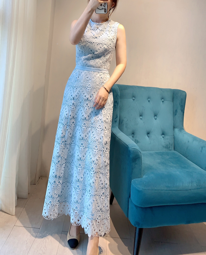 2023 Summer New Tea Me French Retro Light Middle Festival High - end Blue Lace Dress Dress Dress