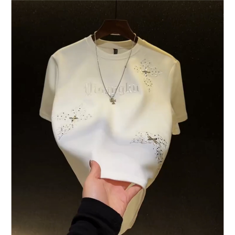 2026 Summer New Embroidered Rhinestone Men's Short Sleeve Light Luxury Fashion Trendy Round Neck Versatile Loose Base Layer Half Sleeve 2026 Summer New Embroidered Rhinestone Men's Short Sleeve Light Luxury Fashion Trendy Round Neck Versatile Loose Base Layer Half Sleeve