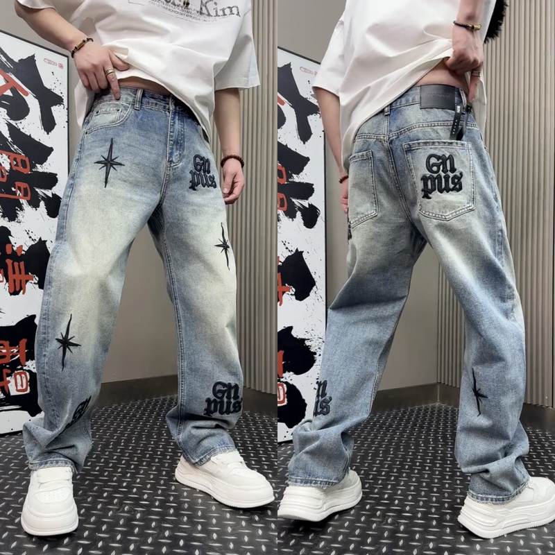 2026 Spring New Style Cool American Jeans Men's Fashion Trend Letter Leather Label Embroidery Loose Straight Pants
