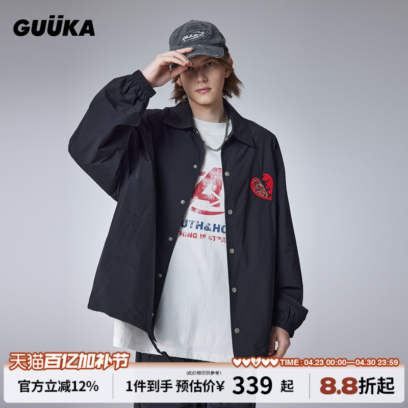 Guuka Trendy Black Retro Casual Coach Jacket for Men New Style Rose Heart Embroidery Lapel Loose Coat