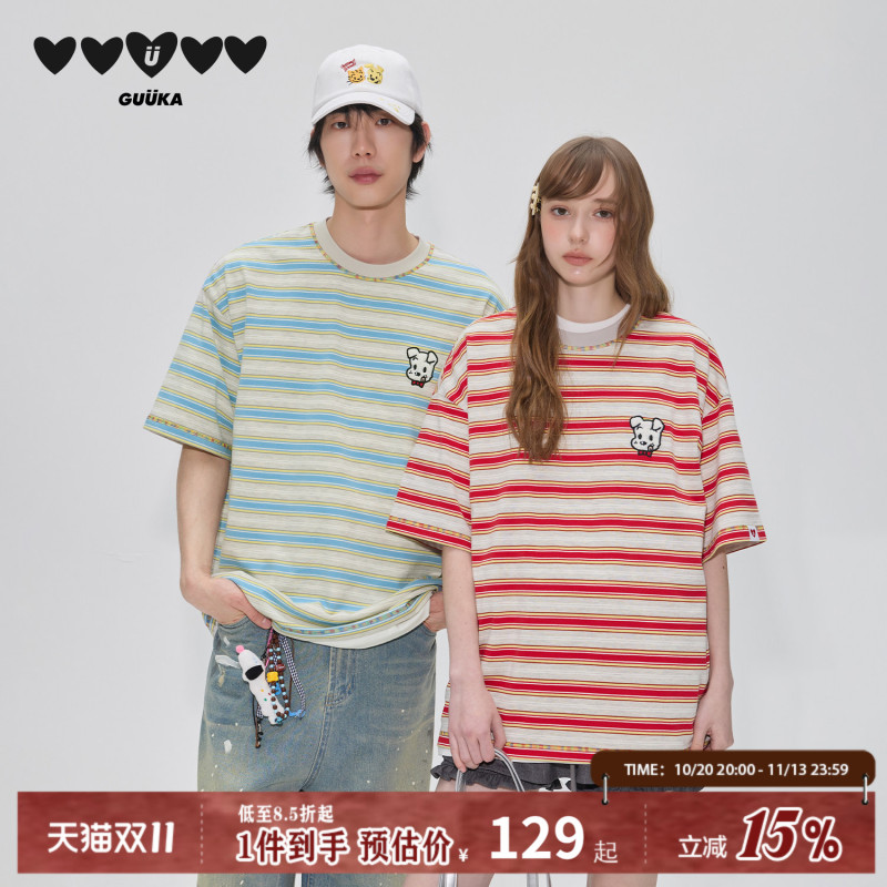 Zhou Shen's Same Style Guuka & Harada Haruhi Collaboration Striped Short-Sleeve Men's Trendy Couple Hasselblad Line T-Shirt Loose Top for Women