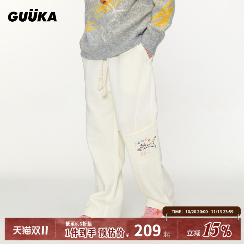 Guuka White Cat Embroidered Loose Sweatpants for Men, Winter Fleece-Lined Wide-Leg Pants with Segmented Design, Straight-Leg Trousers Guuka White Cat Embroidered Loose Sweatpants for Men, Winter Fleece-Lined Wide-Leg Pants with Segmented Design, Straight-Leg Trousers