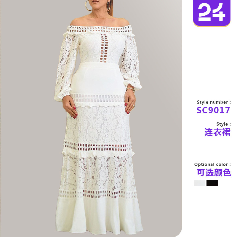 Women Lace Off Shoulder Hollow Dress Women's Lace Dress Wedding Dress Evening Dress