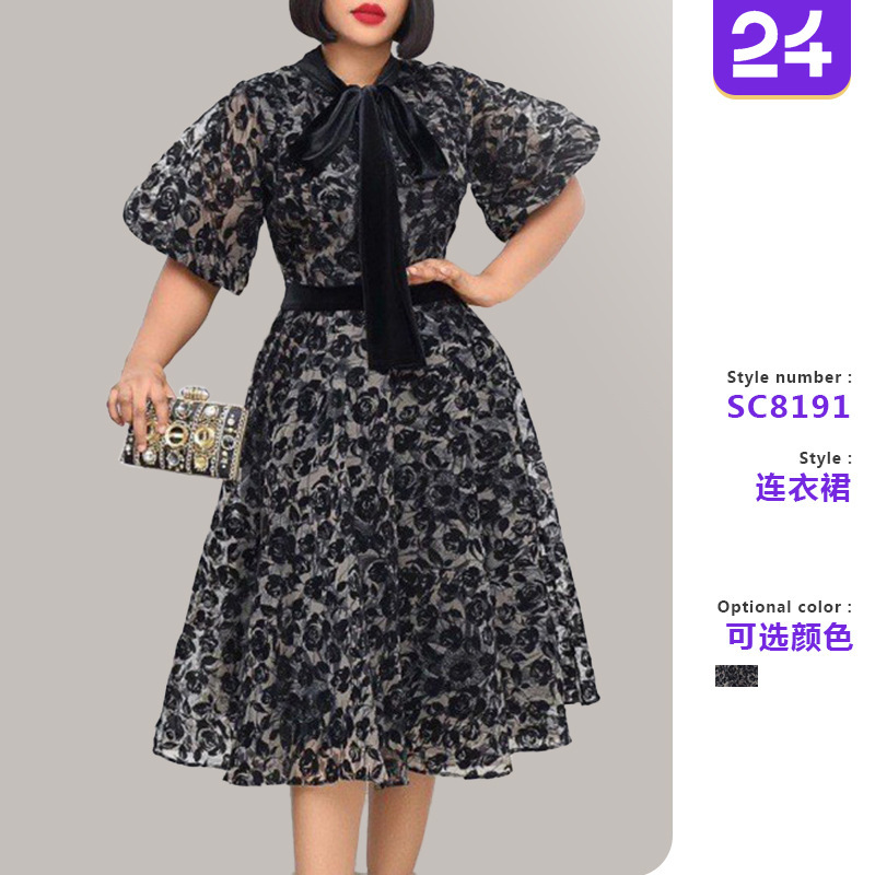 Women's Flocking Mesh Lace Dress Stand Collar Black Velvet Mesh Lace Dress for Women