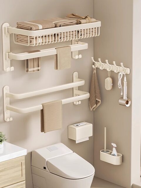 French Ziwoo Cream Style Towel Rack Bathroom Punch-Free Bathroom Storage Rack Integrated Set Bath Towel Rack