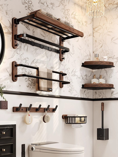 French Ziwoo Bathroom Walnut Towel Rack Bathroom Storage Rack No-Drill Solid Wood Towel Rack