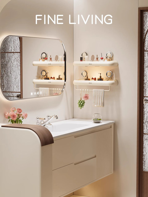 French Ziwoo Suction Cup Bathroom Shelf Cream Style No-Drill Toilet Washbasin Shower Gel Storage Rack