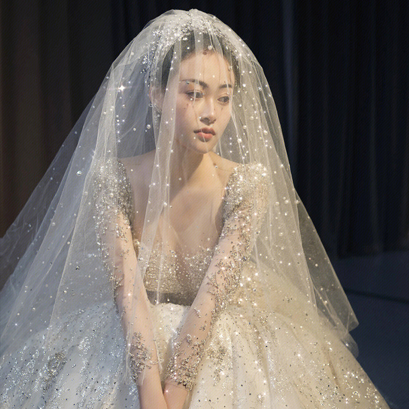 Starry Sky Sparkling Veil, Long with a Large Train, Internet-Famous Pearl and Rhinestone Main Wedding Dress, Bride's Wedding Headpiece, Super Fairy-Like Forest Style Starry Sky Sparkling Veil, Long with a Large Train, Internet-Famous Pearl and Rhinestone Main Wedding Dress, Bride's Wedding Headpiece, Super Fairy-Like Forest Style