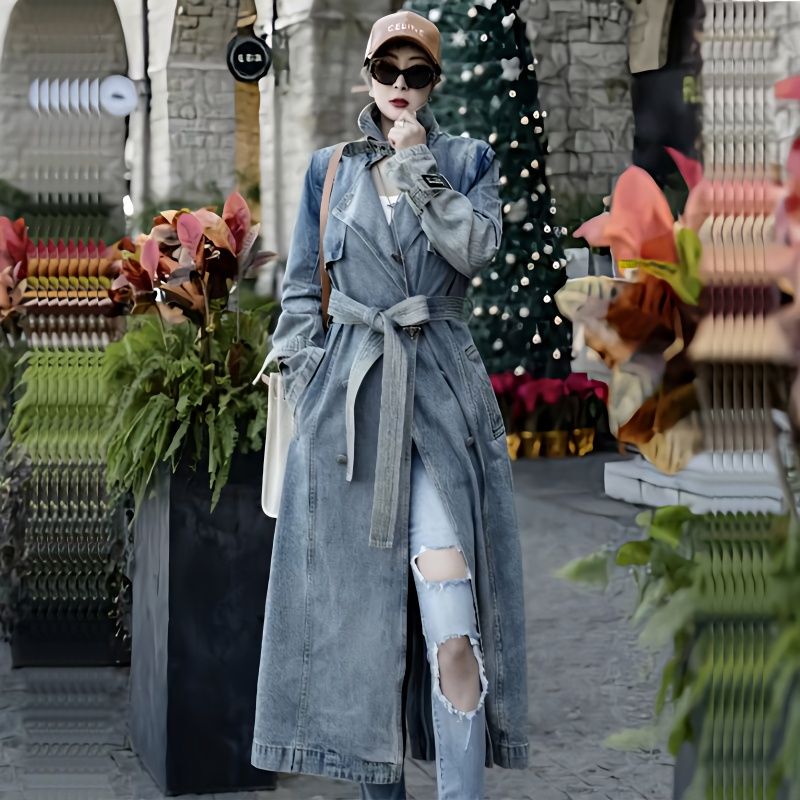Denim Trench Coat for Women 2025 Spring and Autumn New European and American Trendy Personality Retro Long Trench Coat for Women