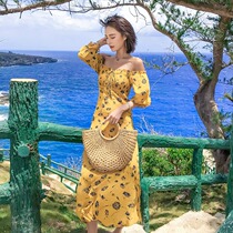 2021 new beach dress Sanya seaside resort word shoulder floral chiffon dress female summer long dress super fairy