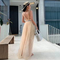 Sanya beach skirt womens summer 2021 new seaside resort mesh temperament suspender halter super fairy niche dress