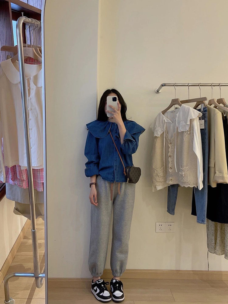 European Station Spring Summer 2022 new Don't-to-coat retro romantic harbor Taste Denim Shirt Jacket Chains Women Thin