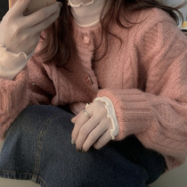Lazy Wind-Knit Cardiovert Shorts Korean Version Cardiovert Blouse Jacket Autumn Winter Extra-virgin Loose Pink Sweater Jacket Womens Clothing