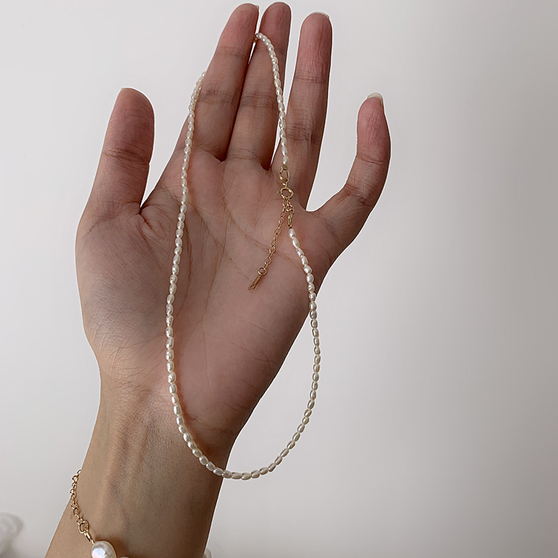 Homemade Minimal Natural Rice Shaped Freshwater Pearl Necklace style temperament 100 Lapped Lock Bone Chain American 14k Note