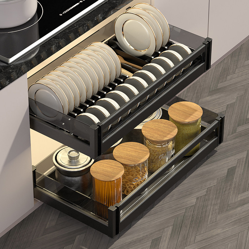 Pull basket kitchen cabinet drawer type open door aluminum alloy double glazed bowl basket seasoning storage built-in shelf dish blue