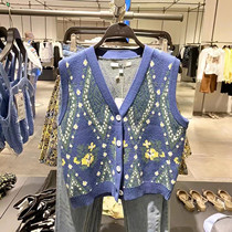 UR BMHMZA Vintage Printed V-Neck Loose Knit Vest Jacket Sweater Women's Spring Vest YL09S9DN2003