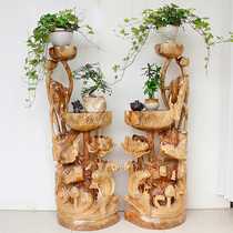 Camphor wood log root carving frame Solid wood living room wood carving decoration base Natural tree root balcony multi-layer bonsai frame