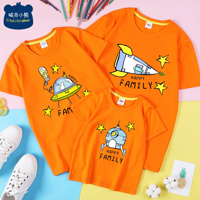 Cha mẹ-con mùa hè áo thun ngắn tay Đĩa bay UFO cotton tinh khiết 2020 mẹ và bé gái mẹ và con ba quần áo gia đình size lớn - Trang phục dành cho cha mẹ và con