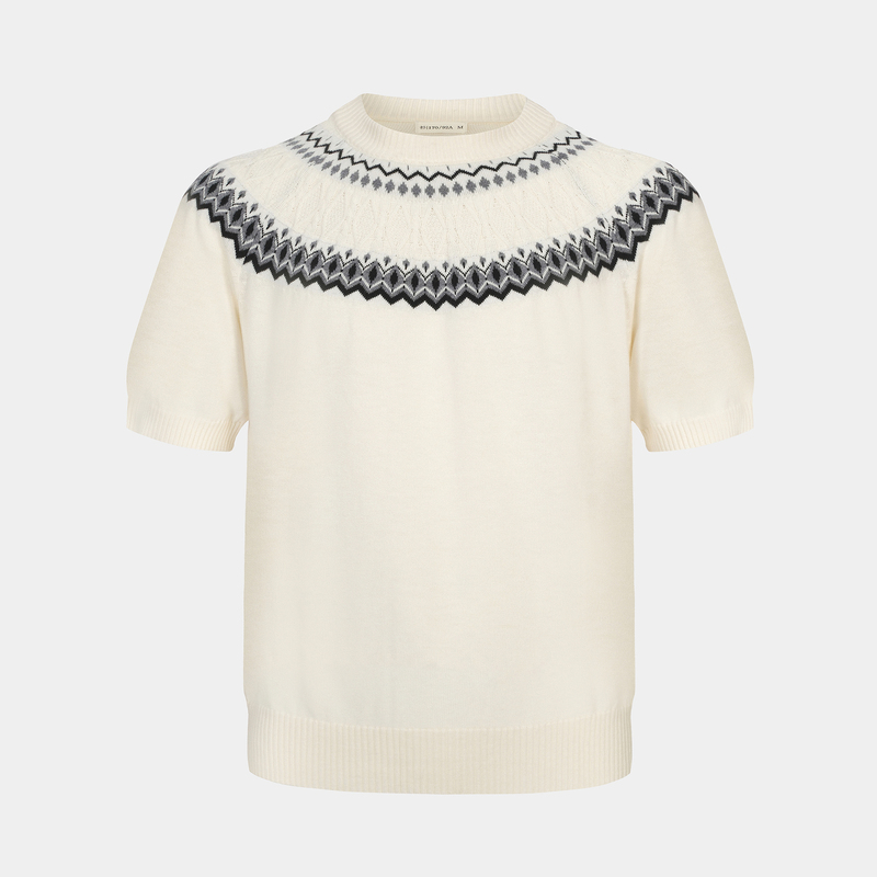 Dongjue Improved Version of Light Luxury Old Money Style Wool Blend Fair Isle Knit Short Sleeve Round Neck Flared Sleeve Sweater
