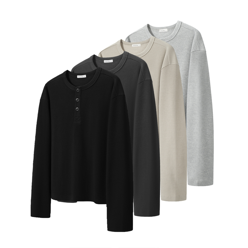 Dongjie Ykk Wheat Spike Button Diamond Waffle Pattern Regular Shoulder Henry Collar Long-Sleeve Textured Base Shirt T-Shirt That Makes the Shoulders Look Wider