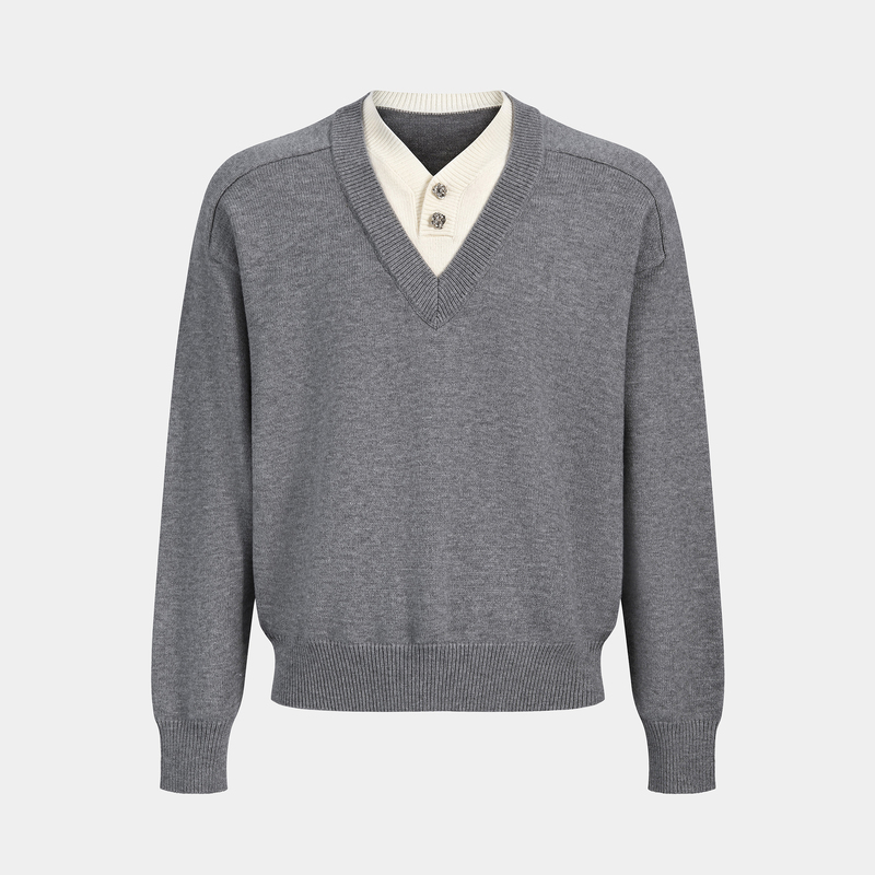 Dongjie Fake Two-Piece Eternal Flower V-Neck Sweater Pullover Knitwear Old Money Style Cleanfit