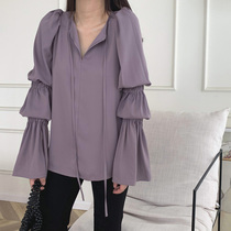  (LAMBO exclusive)Retro court style three-dimensional lantern sleeve v-neck autumn shirt