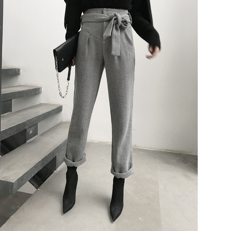 (LAMOBO exclusive) retro high waist belt herringbone textured straight cylinder curl wool, Western pants