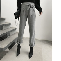(LAMBO exclusive) retro high waist belt herringbone check straight roll wool tweed trousers