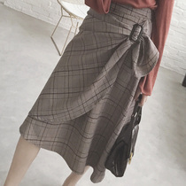 (LAMBO exclusive @ special) irregular fold-layered Plaid imitation leather skirt