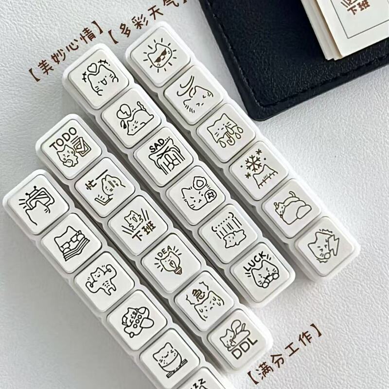 Mini Cat Six-Piece Stamp Set Cute ins Style Daily Weather Mood Check-In Journal DIY Decoration Light-Sensitive Stamp